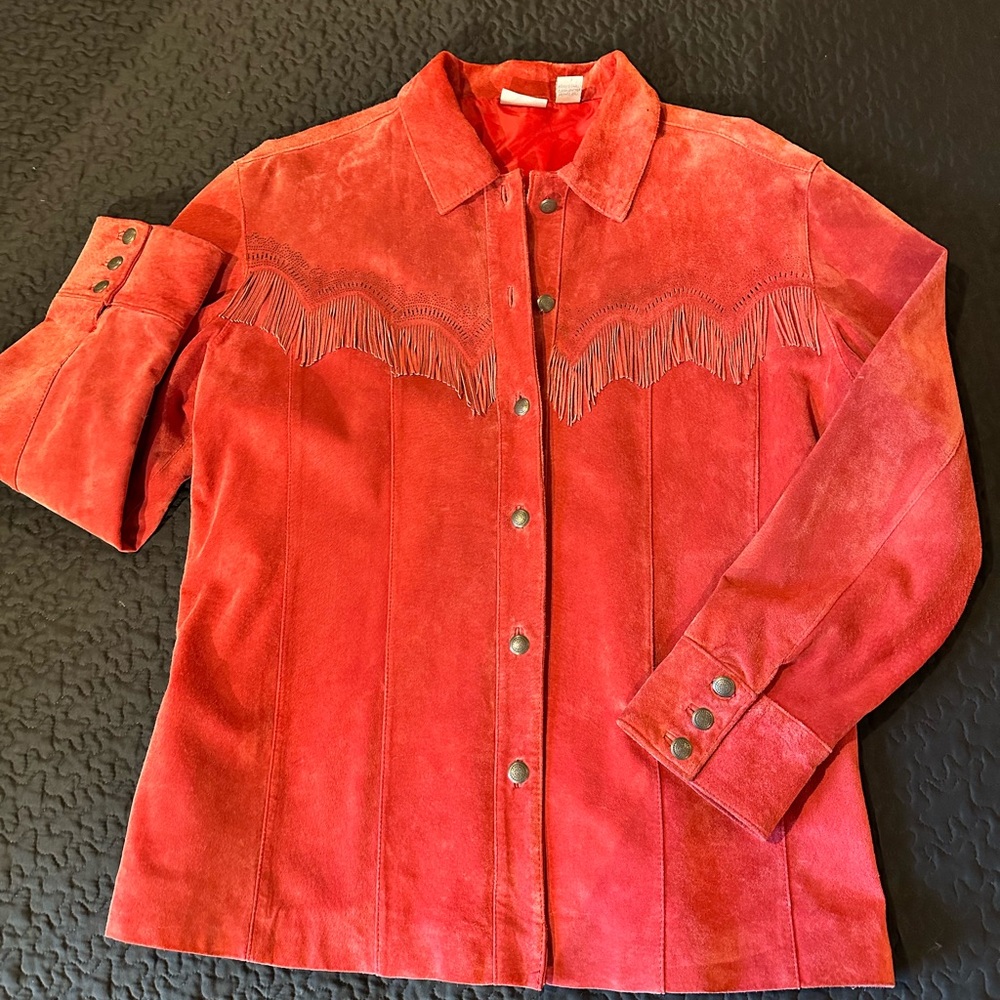 Chico's Western Style Red Suede Leather Jacket with Fringe
